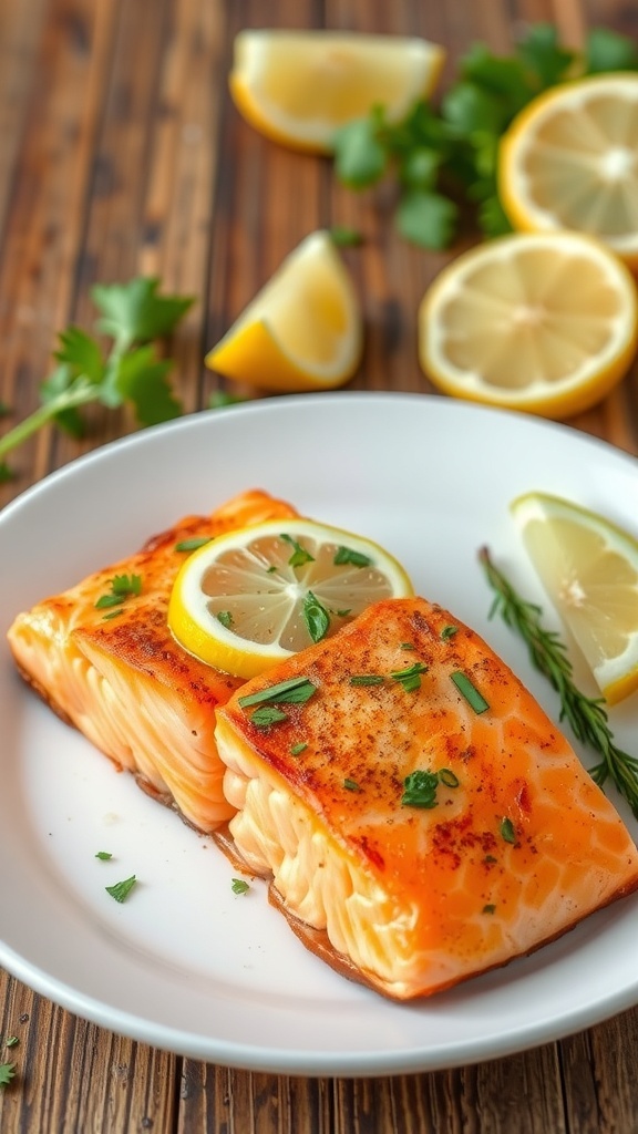 Air fryer salmon fillet garnished with herbs and lemon on a white plate.